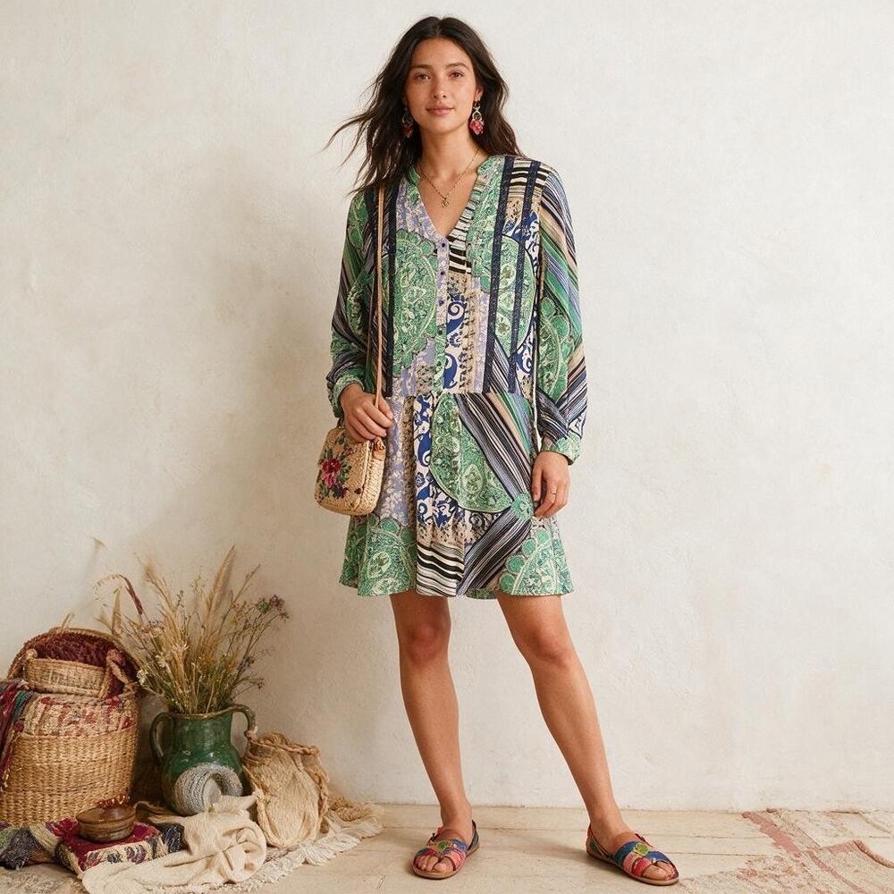Tiny by Anthropologie Blue Green Abstract Paisley Rayon Button-Front Dress Sz M